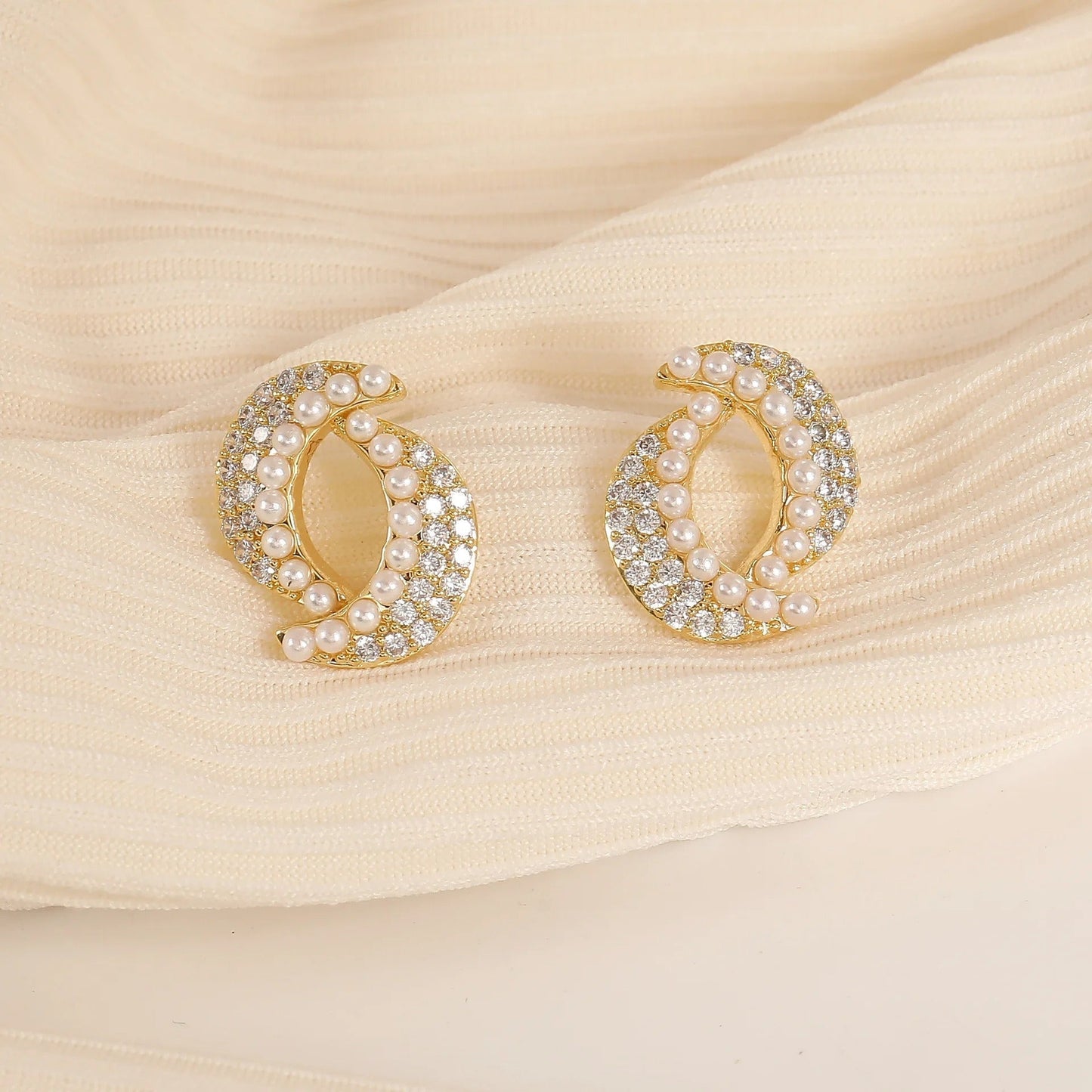 Vintage Double Moon Pearl & Gold Earrings-Lydieannejewelry