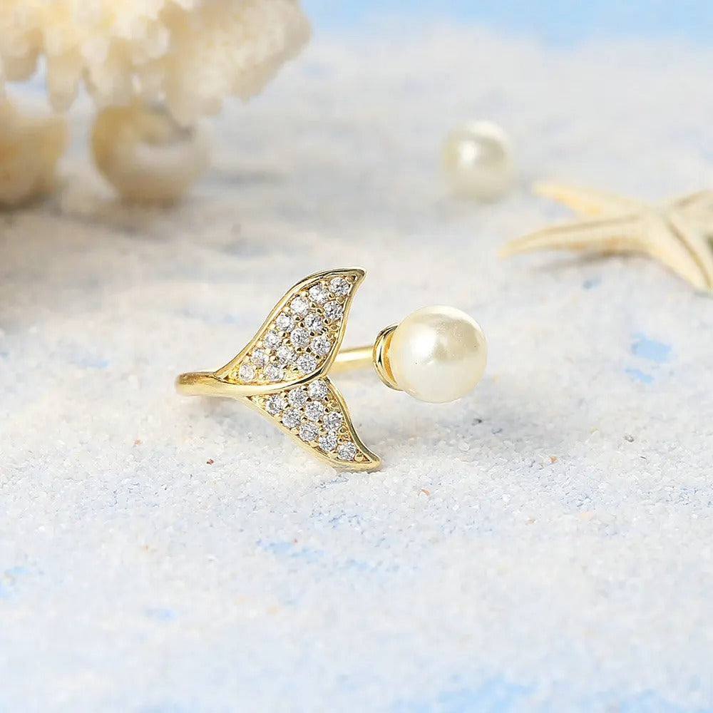 Gold Mermaid Tail Shimmering Pearl Accent Ring-Lydieannejewelry