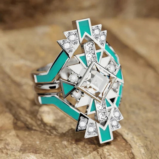 Silver Geometric Turquoise Gemstone Ring-Lydieannejewelry