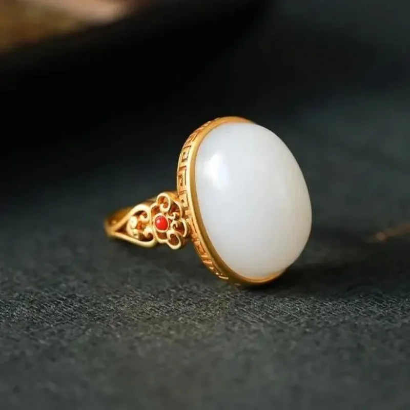 Vintage Gold White Hollow Oval Ring Jade Ring-Lydieannejewelry