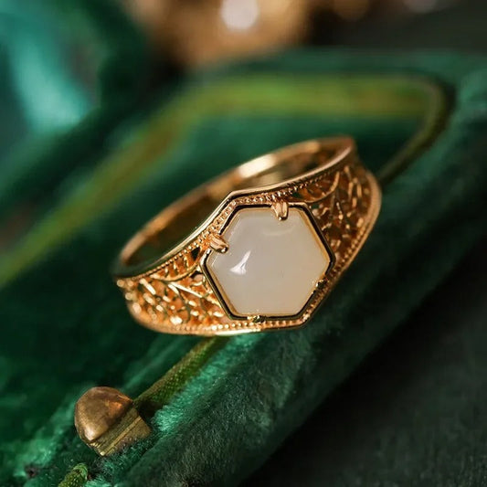 Vintage Gold & Hexagonal White Stone Filigree Adjustable Ring-Lydieannejewelry