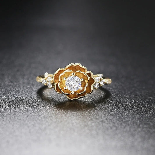 Classic Gold Flower Center Gem & Side Crystal Ring-Lydieannejewelry