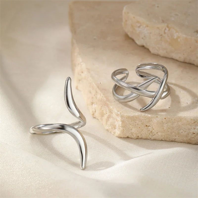 Vintage Silver Twist Sculpted Curved Design Adjustable Ring Set-Lydieannejewelry