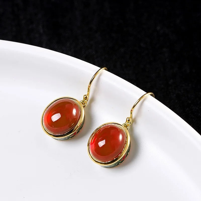 Vintage Gold & Red Oval Gemstone Ruby Drop Earrings-Lydieannejewelry