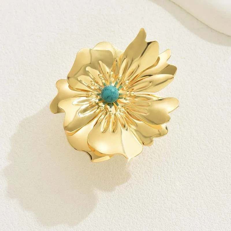 Gold Flower Central Turquoise Gem Adjustable Ring-Lydieannejewelry