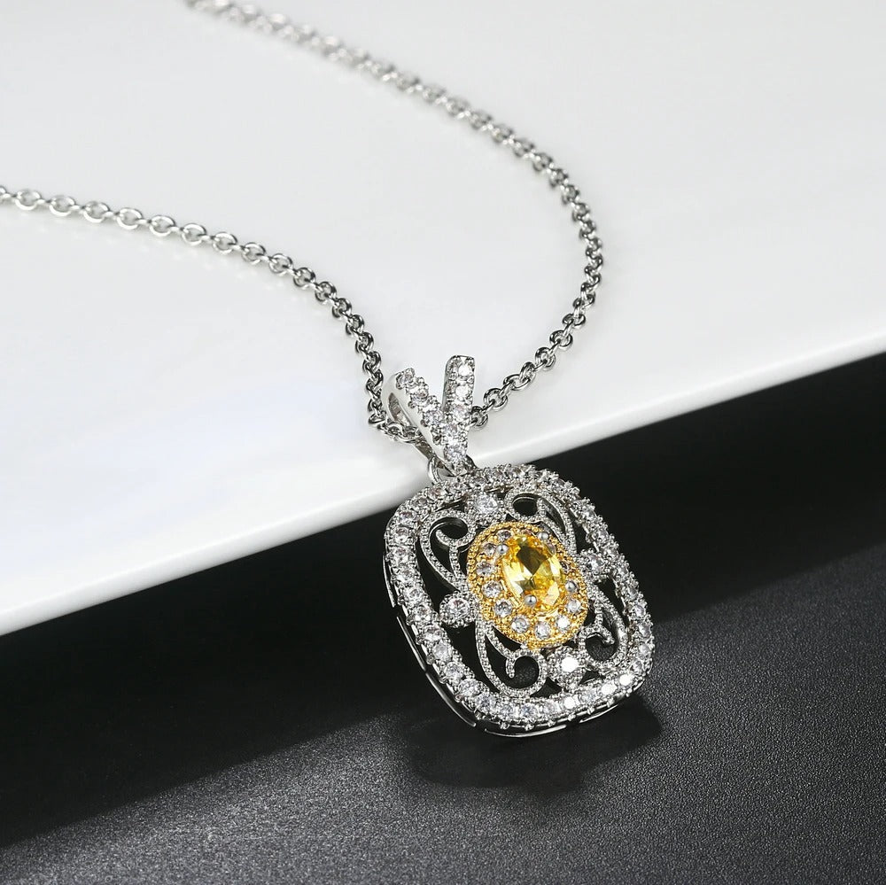 Retro Silver Yellow Gemstone & Crystal Surround Necklace-Lydieannejewelry
