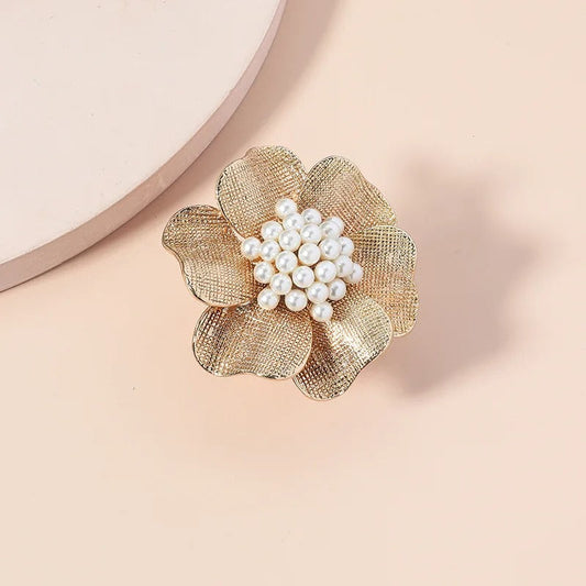 Classic Gold Floral White Pearl Adjustable Ring-Lydieannejewelry