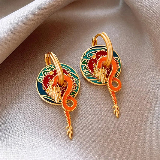 Classic Gold Colorful Dragon & Flame Design Earrings-Lydieannejewelry