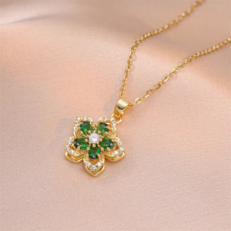 Vintage Gold Green Flower Pendant Necklace-Lydieannejewelry