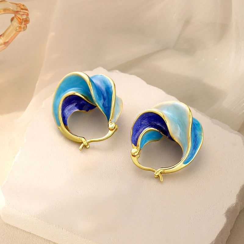 Gold & Blue Wave Hoop Earrings-Lydieannejewelry