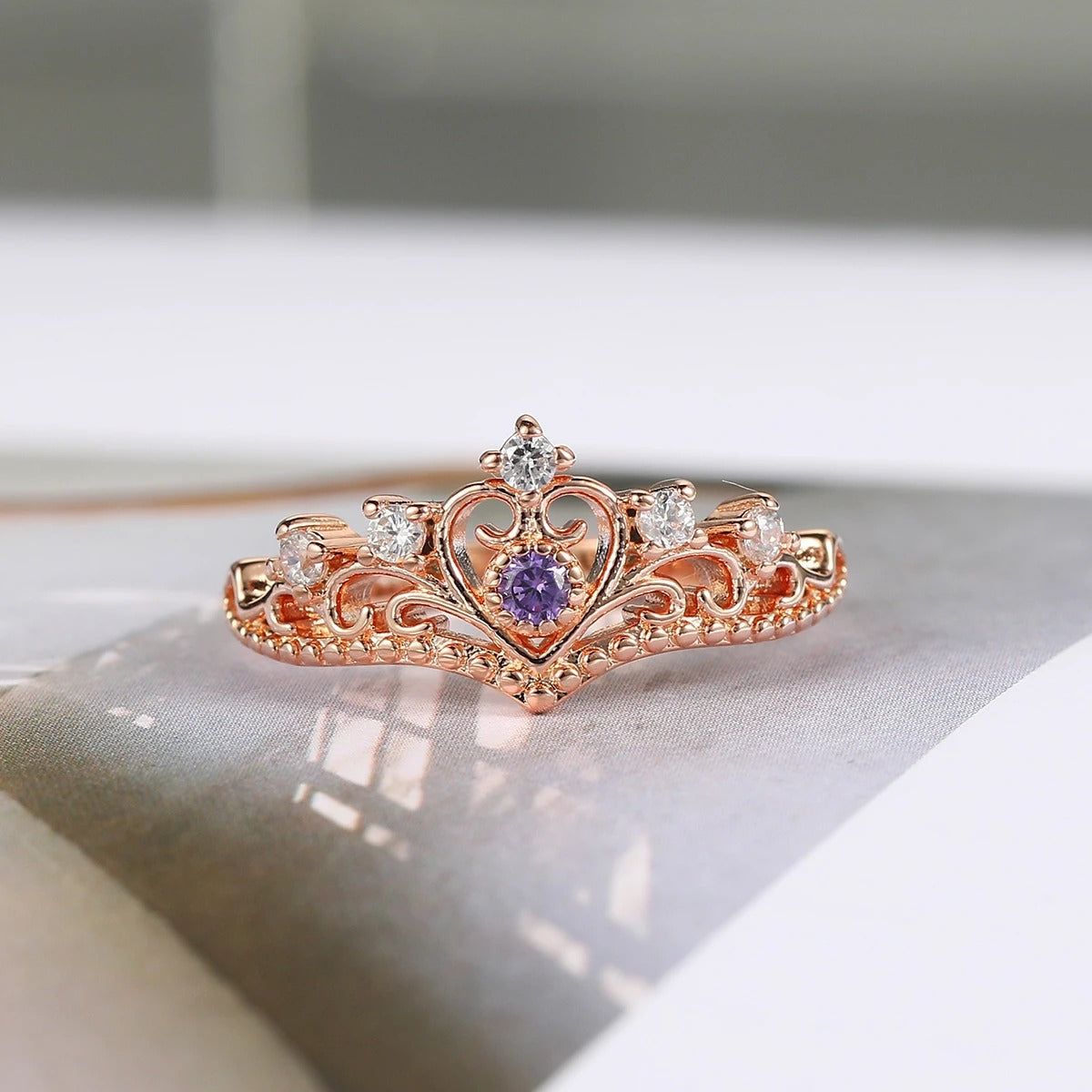 Princess Crown Rose Gold & Purple Crystal Ring-Lydieannejewelry