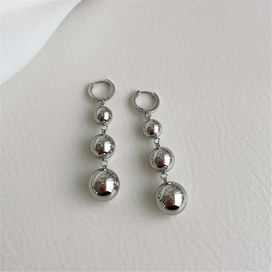Silver Triple Ball Dangle Earrings-Lydieannejewelry