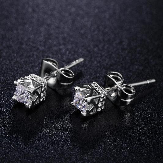 Timeless Silver Square Crystal & Crown Design Earrings-Lydieannejewelry