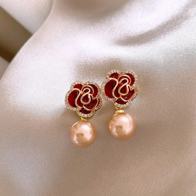 Red Camellia Champagne Pearl Pendant Earrings-Lydieannejewelry