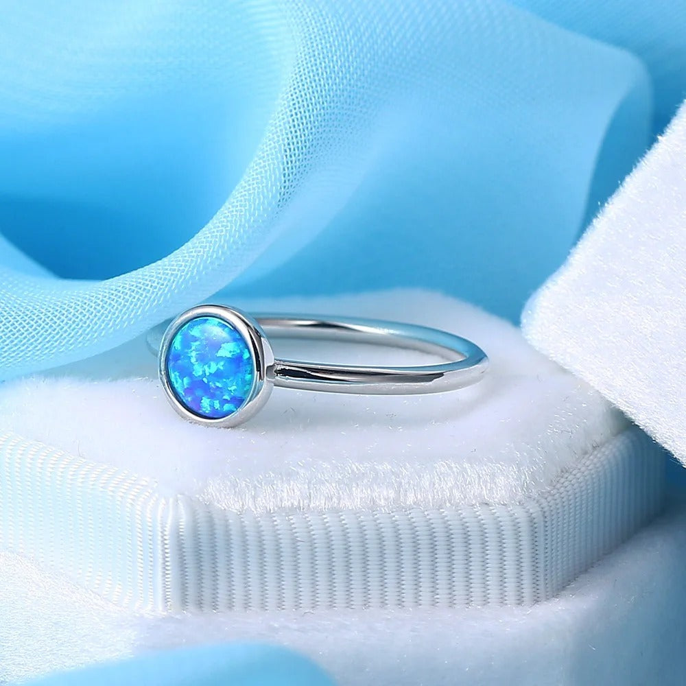 Silver Round Blue Opal Gem Ring-Lydieannejewelry