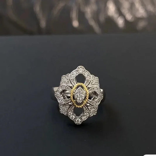 Vintage Gold & Silver Floral Diamond Adjustable Ring-Lydieannejewelry