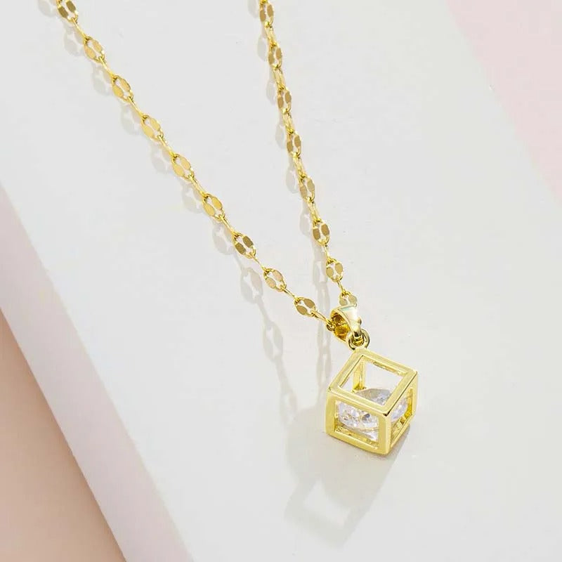 Vintage Gold Crystal-Clear Cube Pendant Necklace-Lydieannejewelry