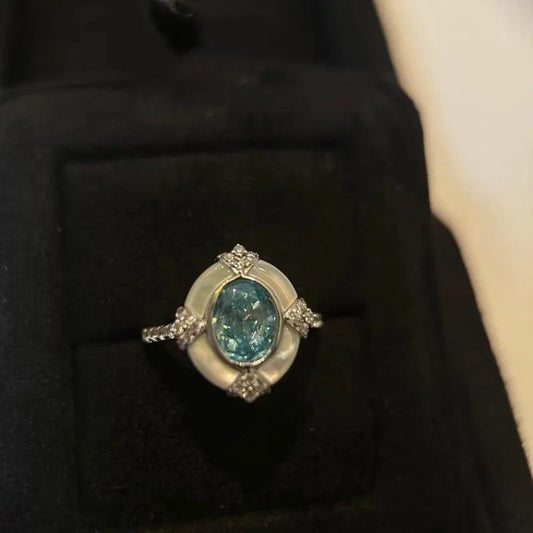 Timeless Vintage White Silver Aquamarine Adjustable Ring-Lydieannejewelry