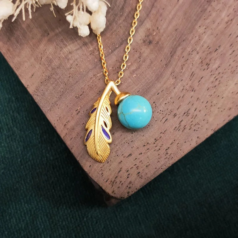 Vintage Gold Turquoise Bead Feather Pendant Necklace-Lydieannejewelry