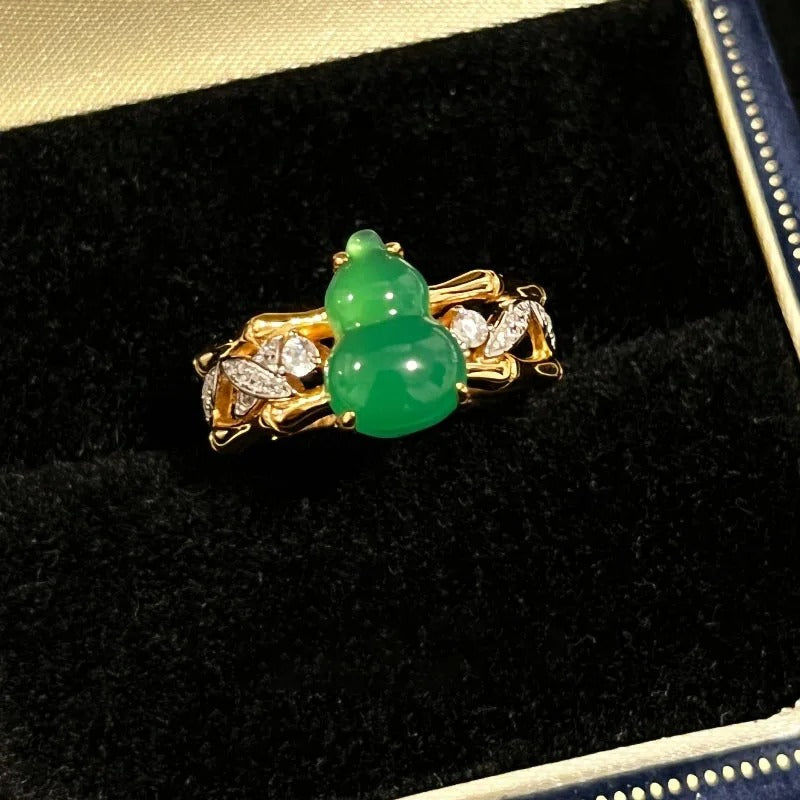 Vintage Green Bamboo Knot Gourd & Diamond Gold Adjustable Ring-Lydieannejewelry