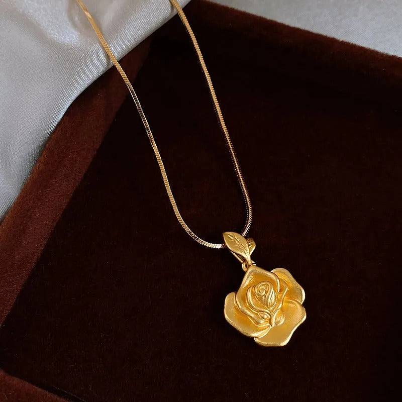 Vintage Gold Rose Pendant Necklace-Lydieannejewelry