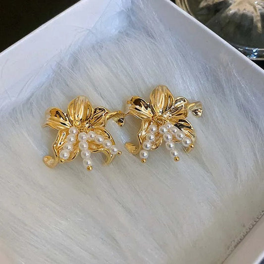 Vintage Gold Floral Pearl Cluster Stud Earrings-Lydieannejewelry