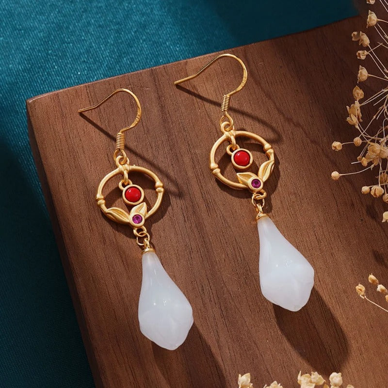 Vintage Gold Circle Red Teardrop Charm Earrings-Lydieannejewelry