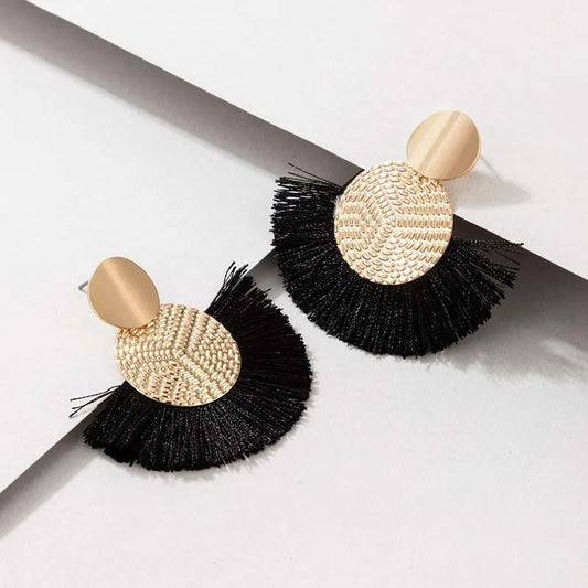 Vintage Gold & Black Fringe Textured Disc Dangle Earrings-Lydieannejewelry