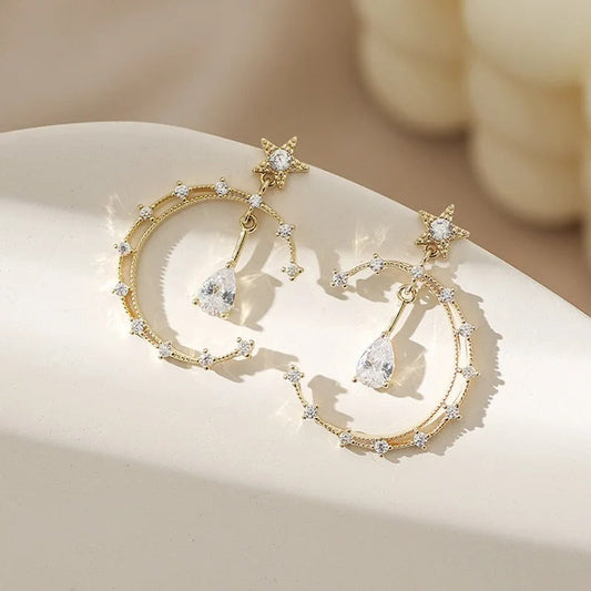 Vintage Gold Crystal Crescent & Star Earrings-Lydieannejewelry