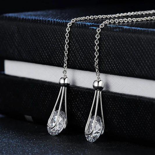 Classic Silver Chain Sparkling Crystal Teardrop Earrings-Lydieannejewelry