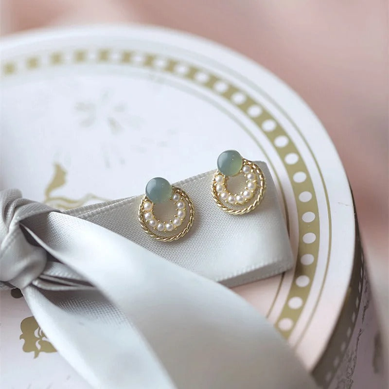 Vintage Gold Green Stone Pearl Earrings-Lydieannejewelry