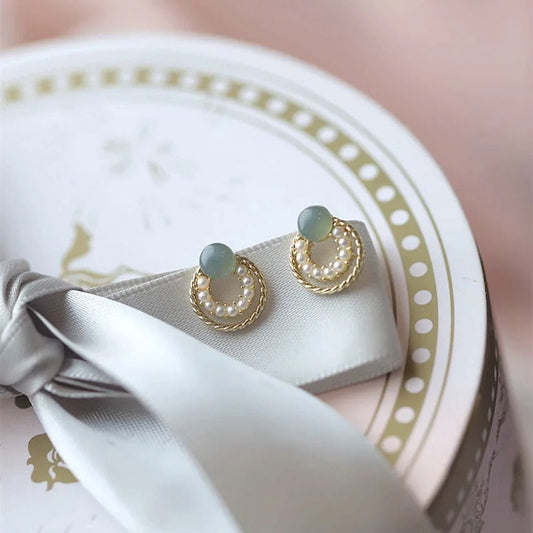 Vintage Gold Green Stone Pearl Earrings-Lydieannejewelry