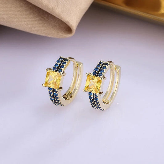 Classic Gold Yellow & Blue Square Gemstone Hoop Earrings-Lydieannejewelry