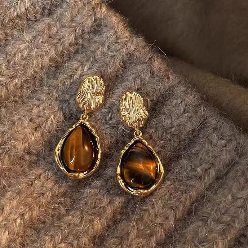 Vintage Gold Amber Brown Dangle Earrings-Lydieannejewelry