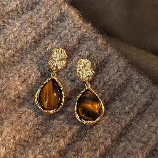 Vintage Gold Amber Brown Dangle Earrings-Lydieannejewelry