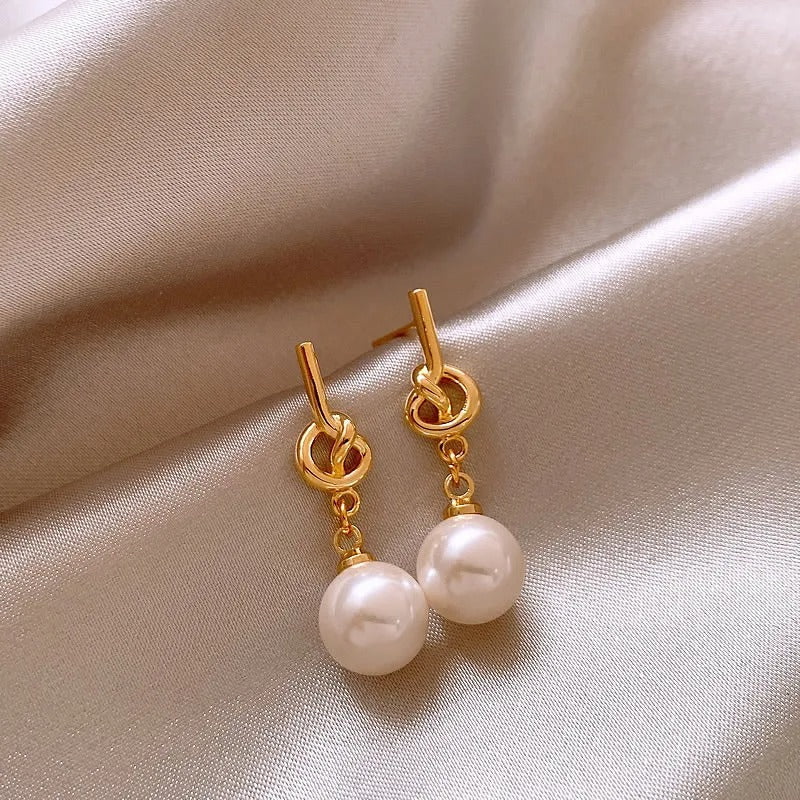 Gold & White Pearl Drop Earrings-Lydieannejewelry