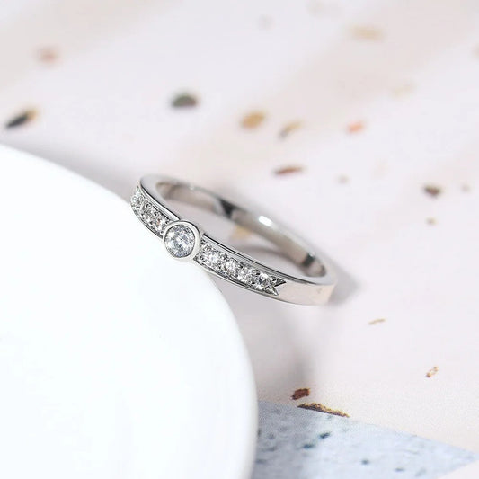 Classic Silver Central Round Gem Band Ring-Lydieannejewelry