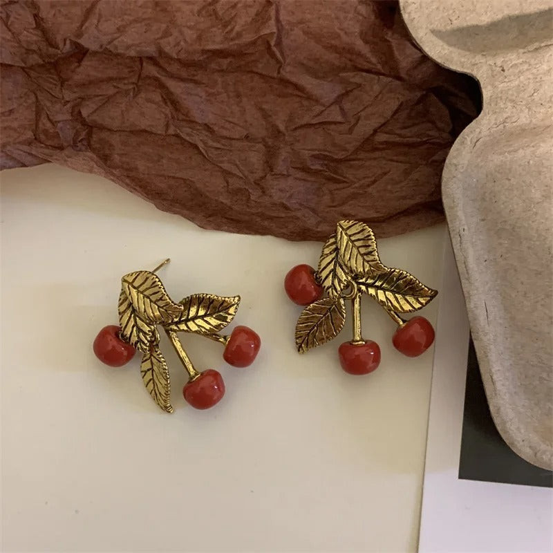 Classic Gold Red Cherry Stud Earrings-Lydieannejewelry