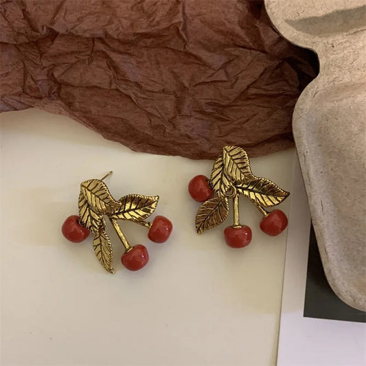 Classic Gold Red Cherry Stud Earrings-Lydieannejewelry