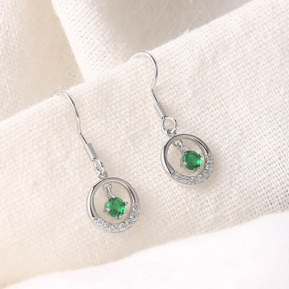 Vintage Silver Green Gem & Sparkling Circle Earrings-Lydieannejewelry