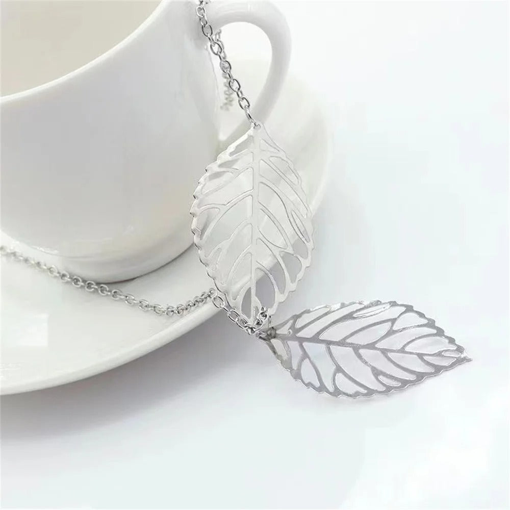 Silver Hollow Leaves Pendant Necklace-Lydieannejewelry