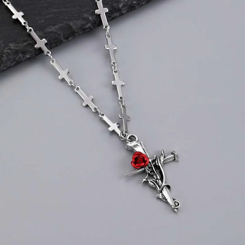 Silver Cross Pendant & Red Rose Necklace-Lydieannejewelry