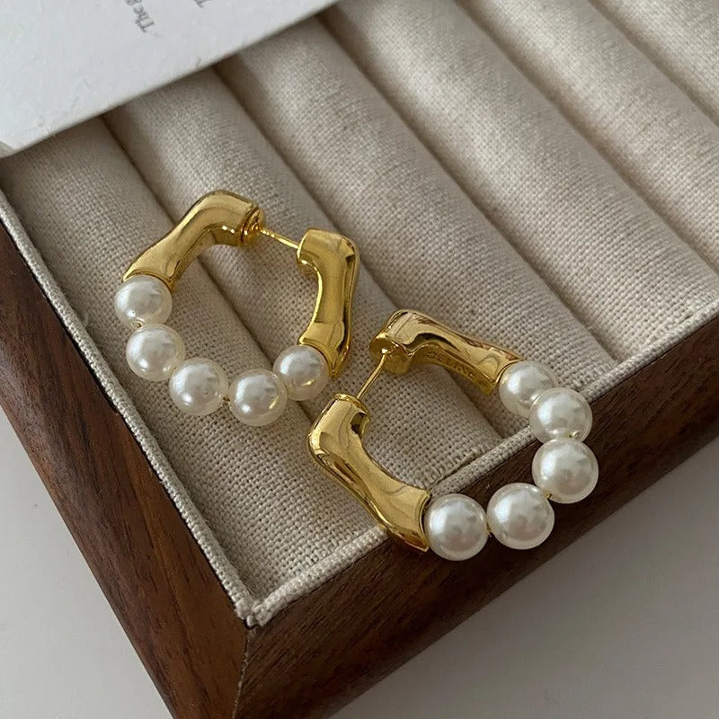Vintage Gold & Pearl Beaded Hoop Earrings-Lydieannejewelry