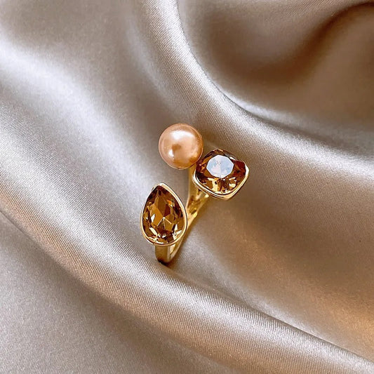 Vintage Crystal Champagne Pearl Adjustable Ring-Lydieannejewelry