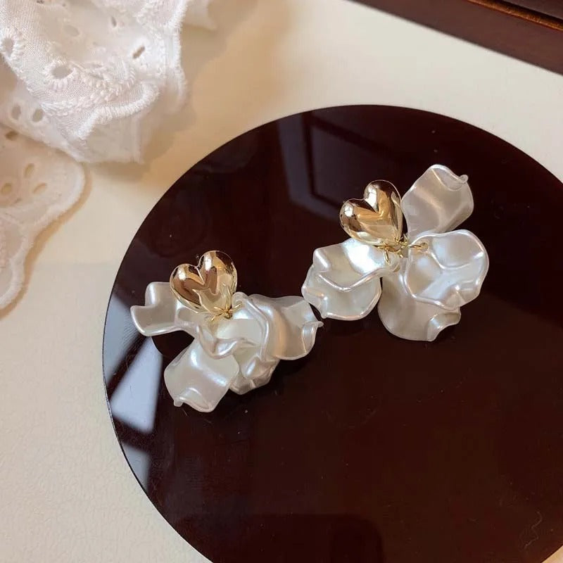 Vintage Gold Heart Pearl Flower Earrings-Lydieannejewelry