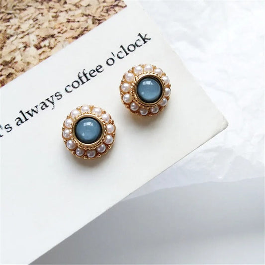 Vintage Gold & Pearl Blue Stone Stud Earrings-Lydieannejewelry