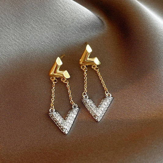 Gold & Silver V-Shaped Crystal Drop Earrings-Lydieannejewelry
