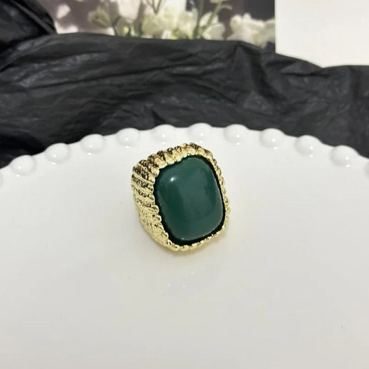 Vintage Gold Green Stone Textured Adjustable Ring-Lydieannejewelry