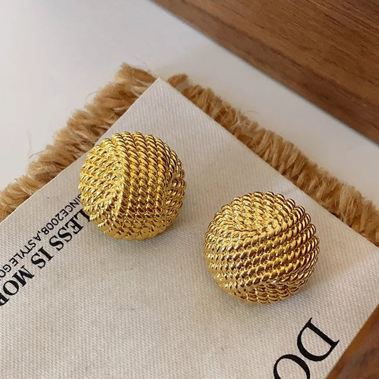 Gold Woven Knot Ball Stud Earrings-Lydieannejewelry