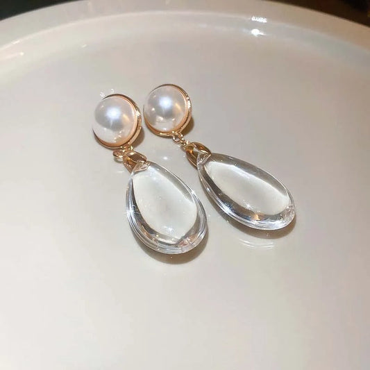 Classic Gold Pearl Big Crystal Pendant Earrings-Lydieannejewelry